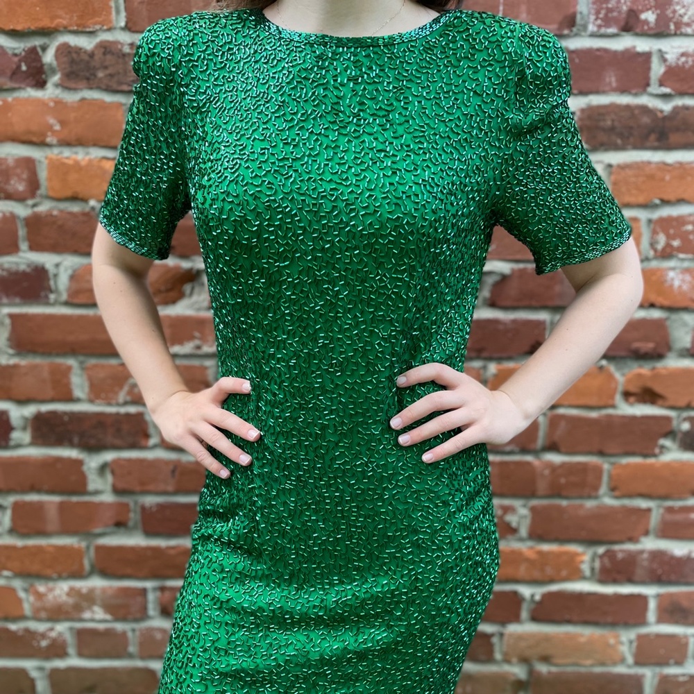 Oleg Cassini Beaded Green Silk Vintage Black Tie Dress